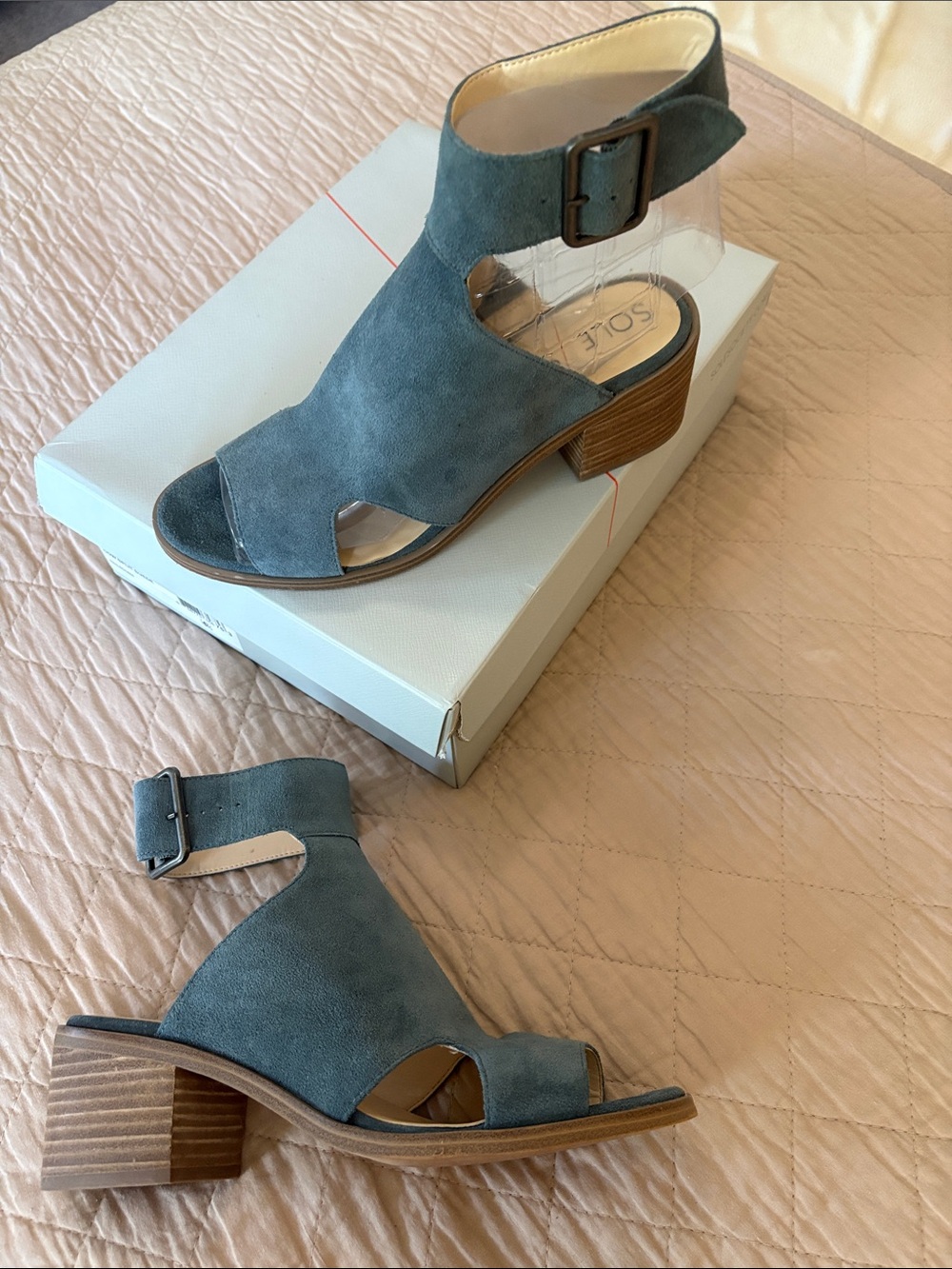 Sole Society Teal Suede Cutout Block Heel Sandals